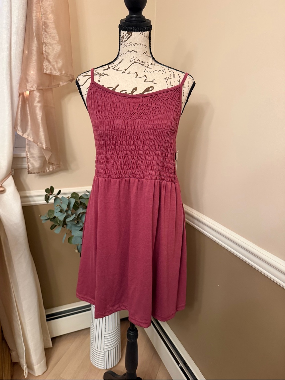 Smocked Cami Tank Top Burgundy Flowy Babydoll/ Large